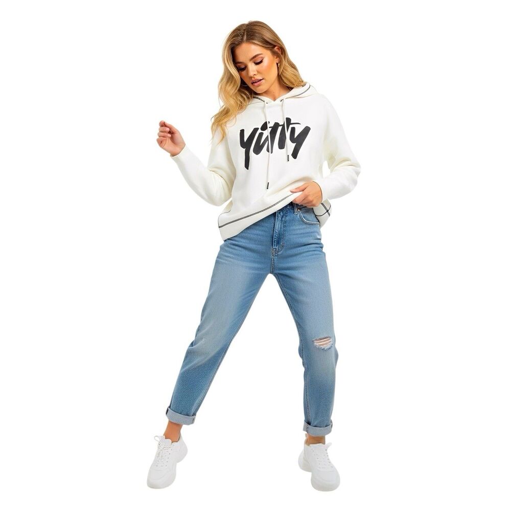 Yitty Womens Hoodie Sz XXL Fabletics  Major Label Cream Contrast Stitch Fleece